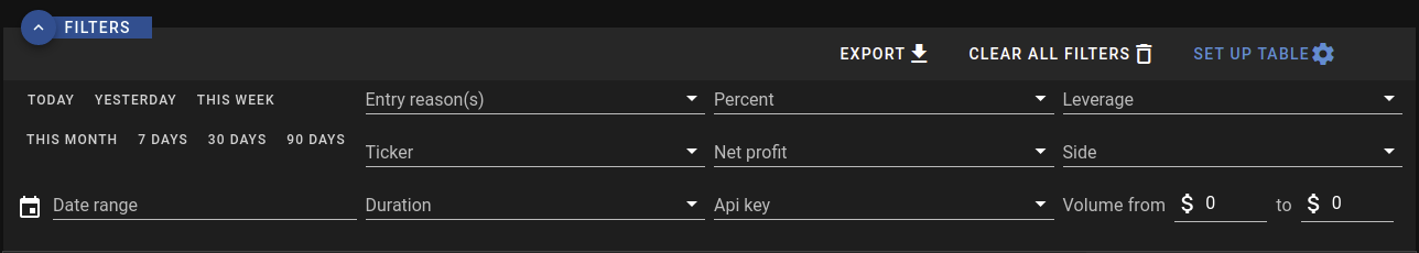 Trades' table filters