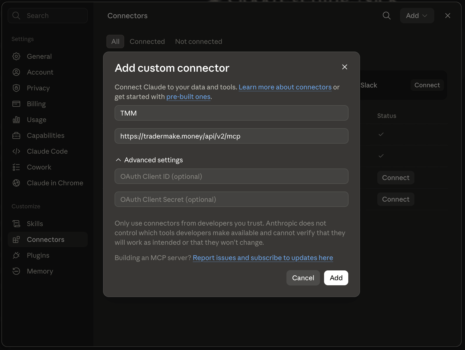 Add custom connector 对话框，填有名称 TMM、TMM 地址，可选的 OAuth 字段留空