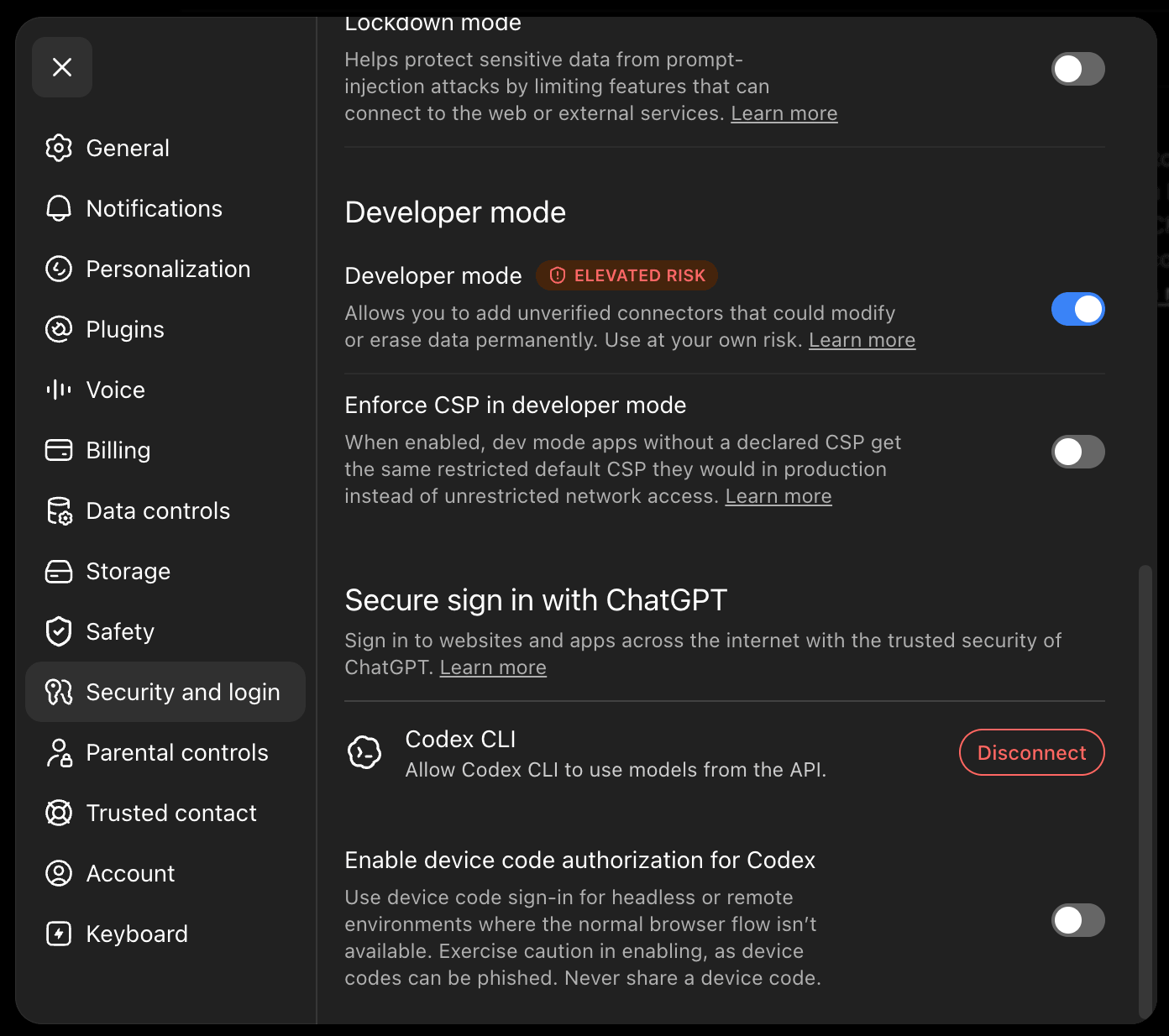 ChatGPT 设置的 Security and login 页面，Developer mode 开关处于打开状态