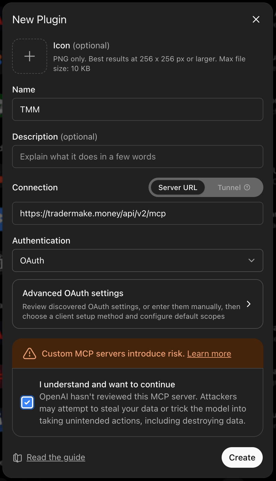 New Plugin 对话框已填好名称 TMM、TMM 服务器地址和 OAuth 认证方式