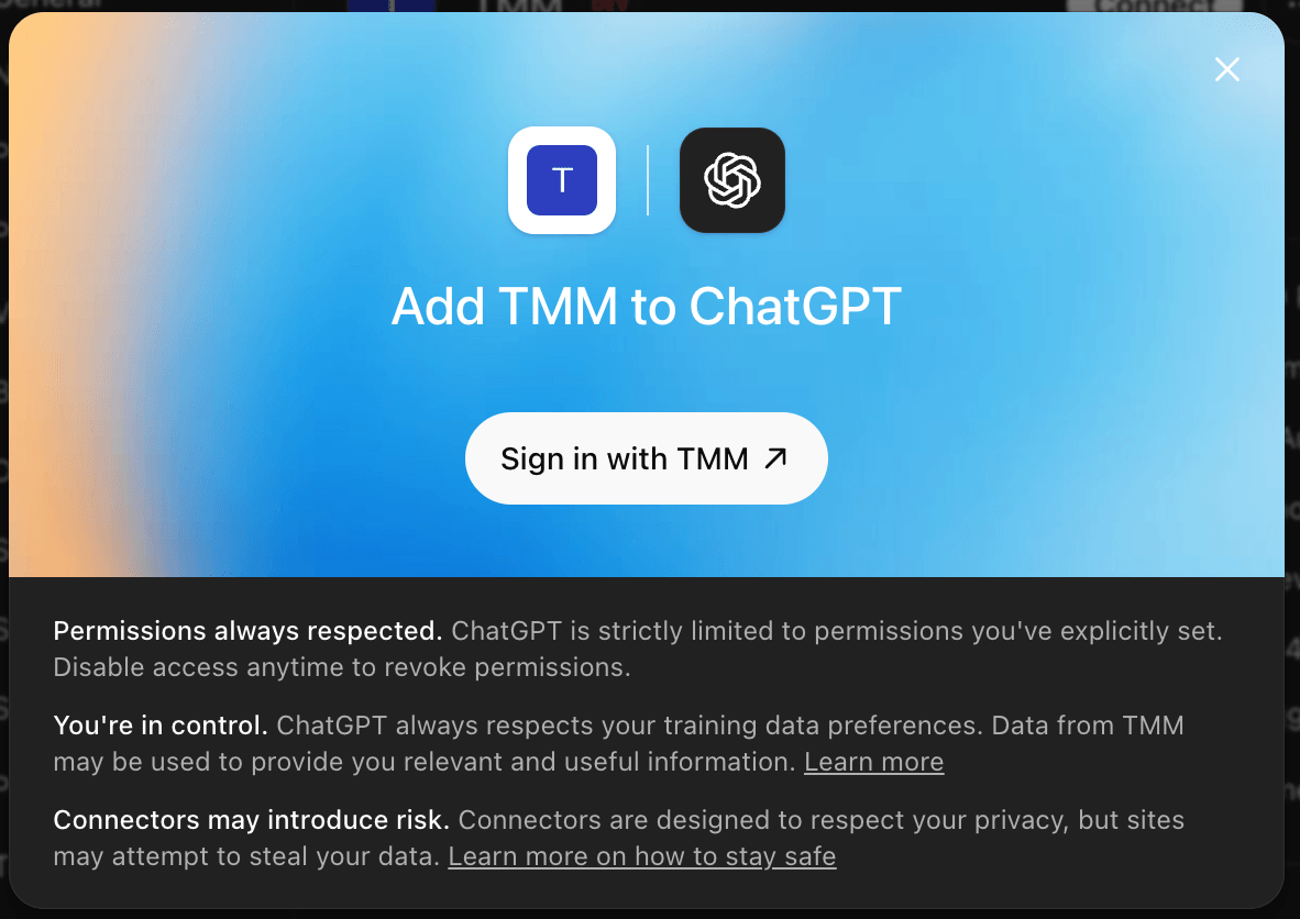 带有 Sign in with TMM 按钮的 Add TMM to ChatGPT 界面