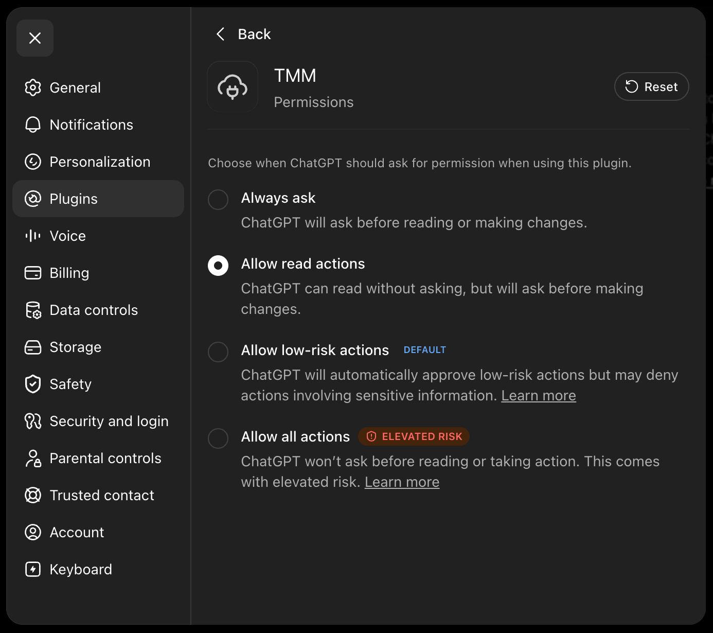 TMM 插件的权限界面，已选中 Allow read actions